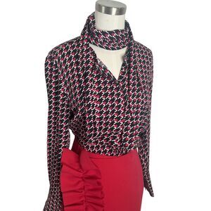 Women's Black & Pink Houndstooth Long-Sleeve Blouse with Neck Tie